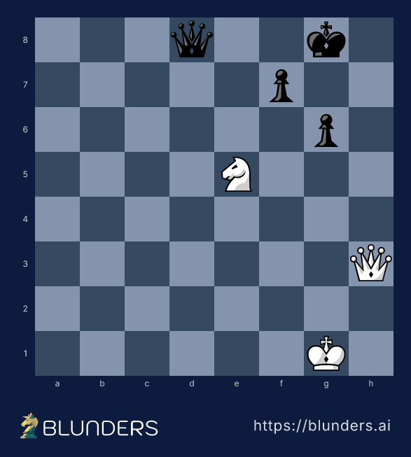 Chess diagram: White's queen on h3 prepares a sacrifice on h8 to drag the black king onto a knight-fork square