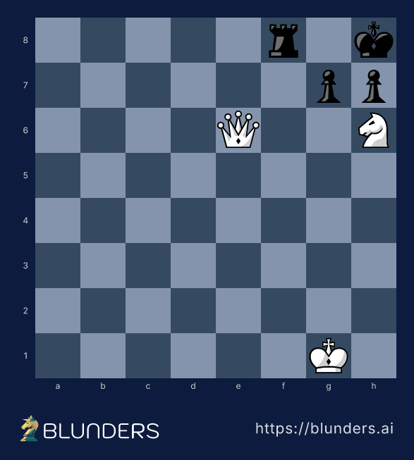 Chess diagram: Philidor's legacy — White's queen sacrifices on g8 to set up the smothered mate Nf7