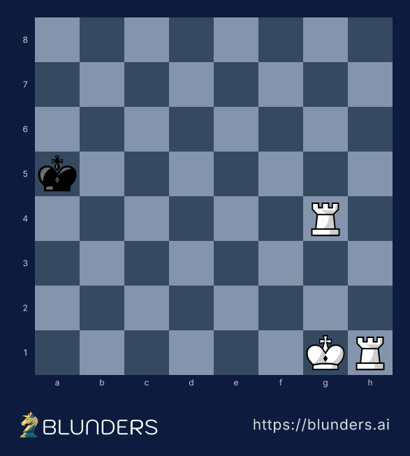Chess diagram: two white rooks begin a four-move ladder mate against the black king on a5