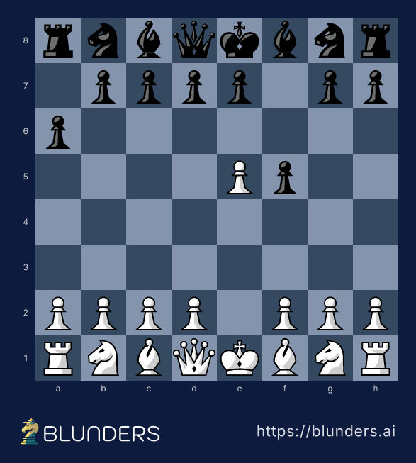 Chess diagram: Black's f-pawn has just advanced two squares past White's e5-pawn, allowing en passant