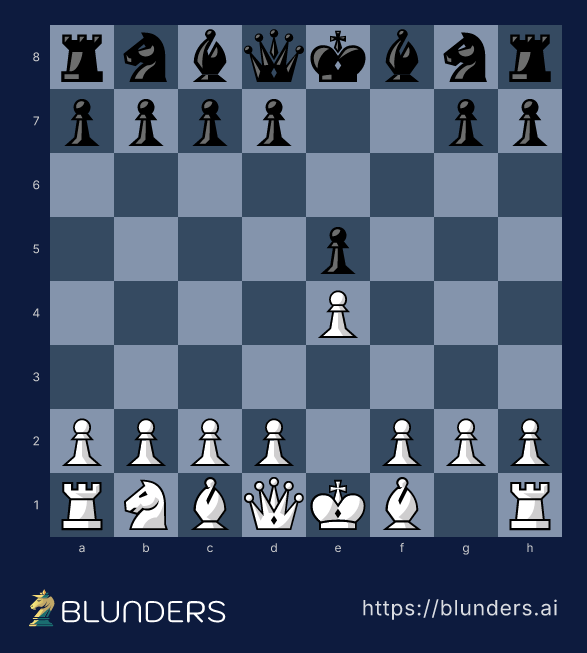 Chess diagram: the Damiano Defense refutation — Black's f-pawn is gone and the king on e8 is wide open